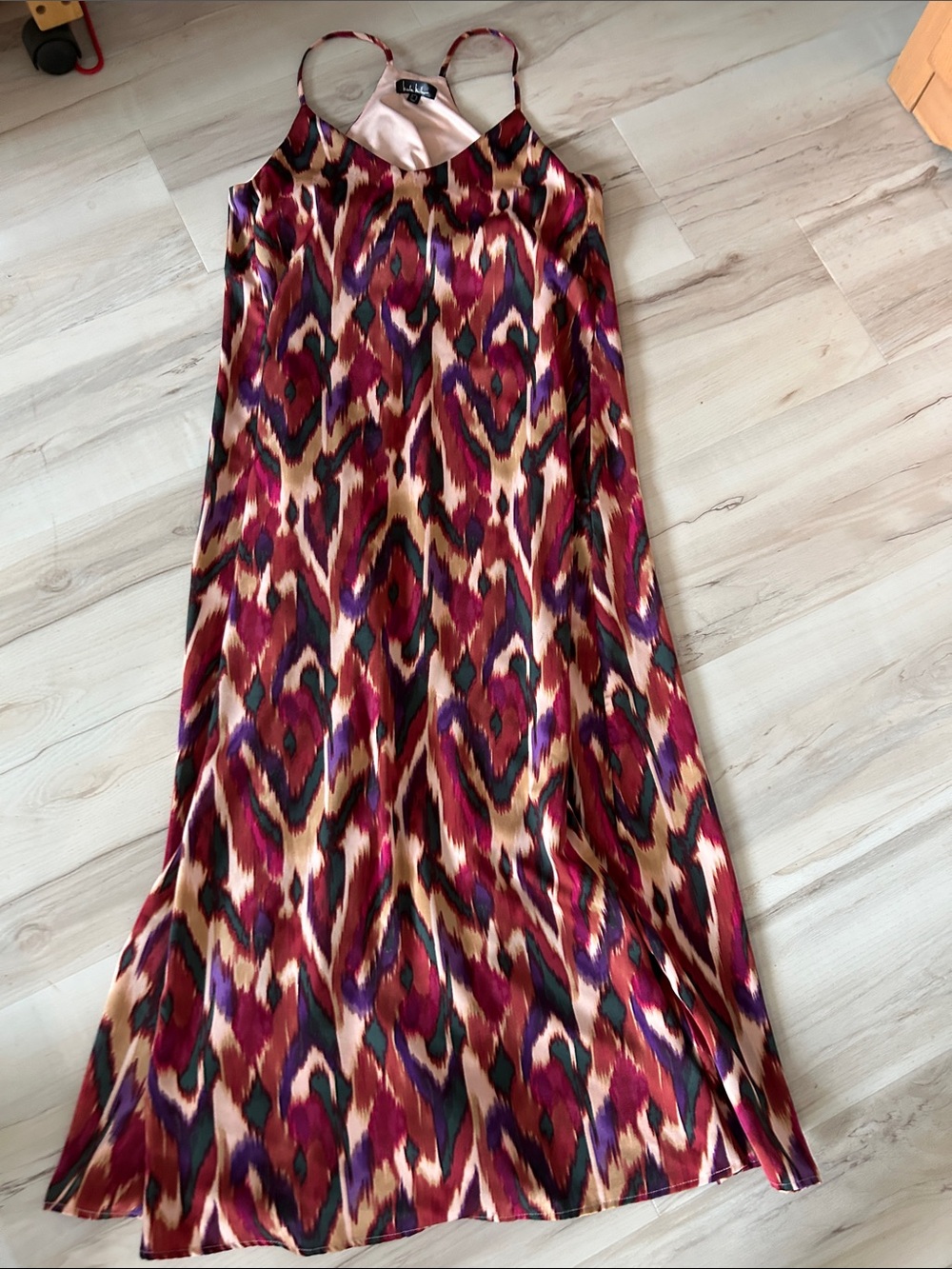 Nicole Miller Multicolor Ikat Maxi Slip Skirt - Burgundy, Purple, Tan